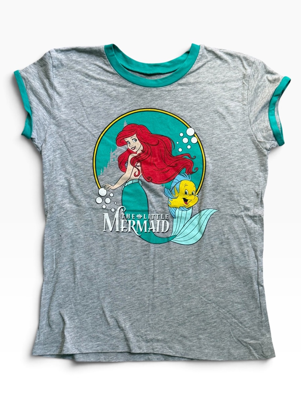 Disney Little Mermaid Ariel & Flounder Ringer T-Shirt Junior’s Medium Gray Teal
